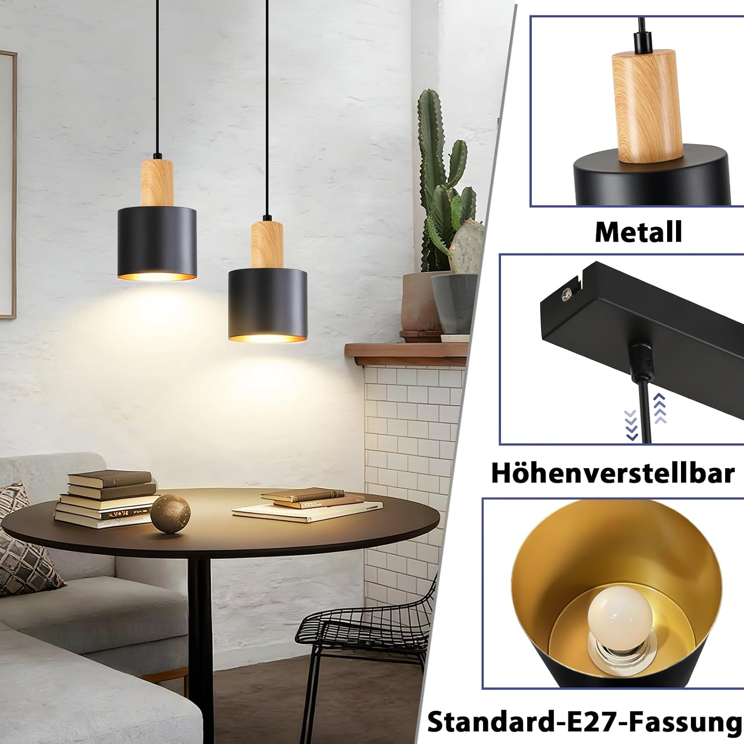 Zwei schwarz-holzfarbene Hängeleuchten über einem Esstisch mit Metall- und E27-Fassung-Details.