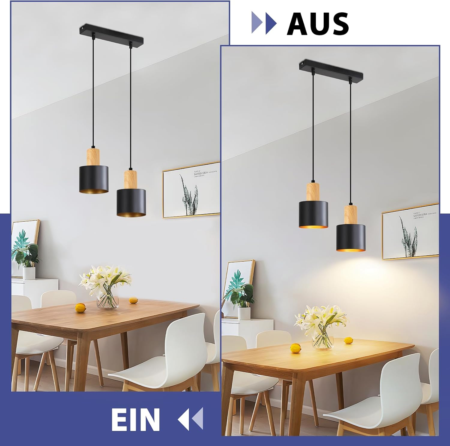 Zwei schwarze Hängeleuchten mit Holzakzenten über einem Holztisch mit weißen Stühlen und Blumen.