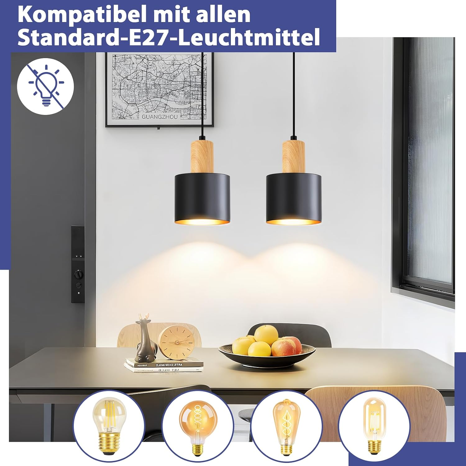 Zwei schwarze Hängeleuchten mit Holzakzenten hängen über einem gedeckten Tisch.