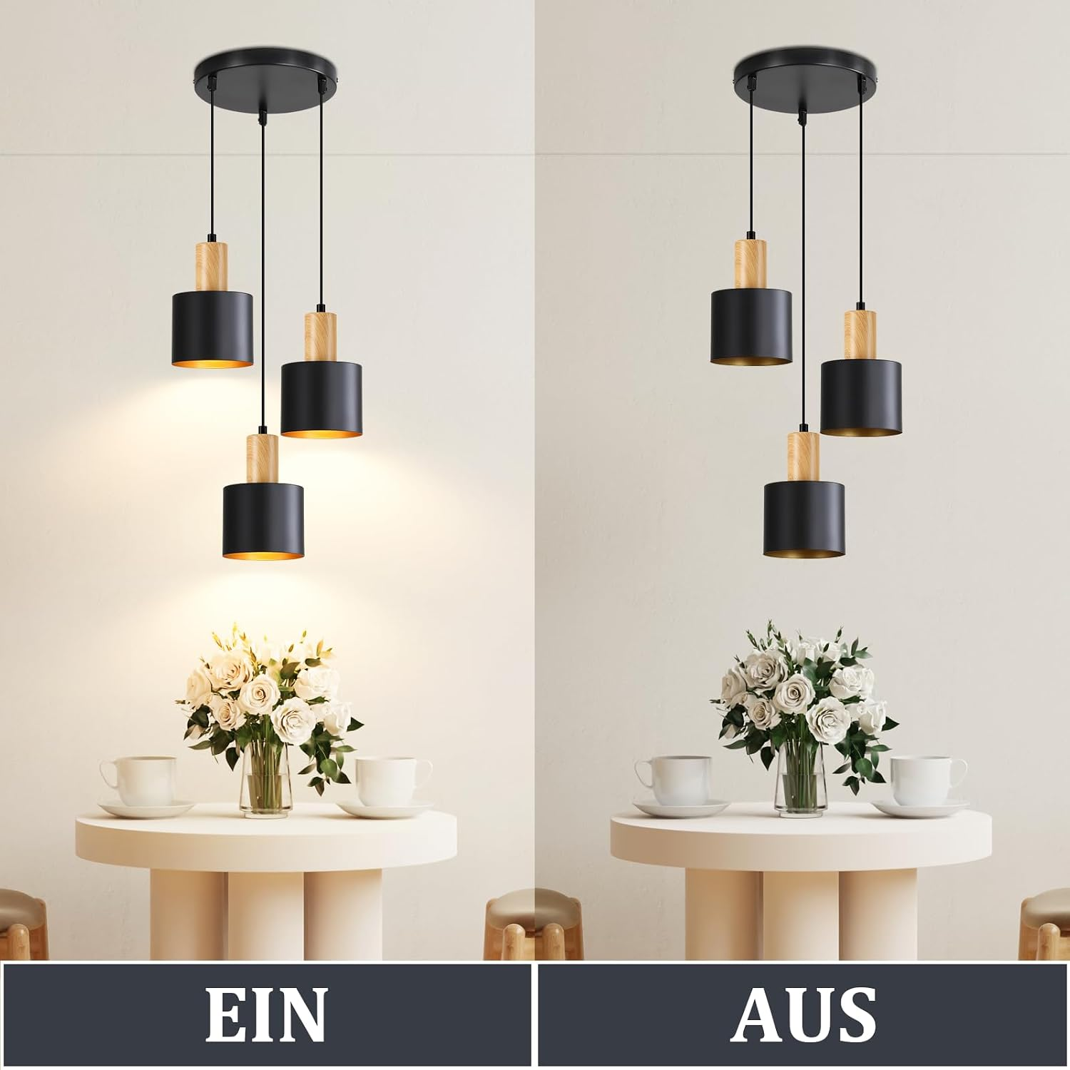 Eine moderne dreiflammige Pendelleuchte über einem Esstisch, links beleuchtet, rechts unbeleuchtet.