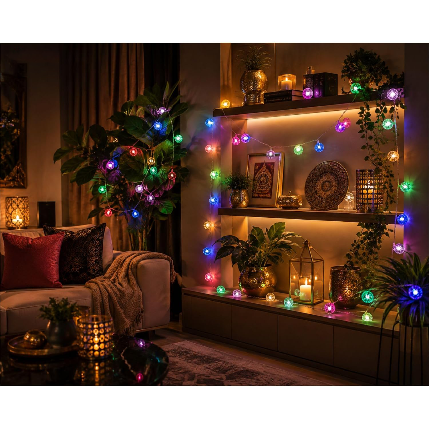 Ein gedimmter Raum mit bunten Lichterketten, Pflanzen, Kerzen und einem Sofa mit roten und dunklen Kissen.