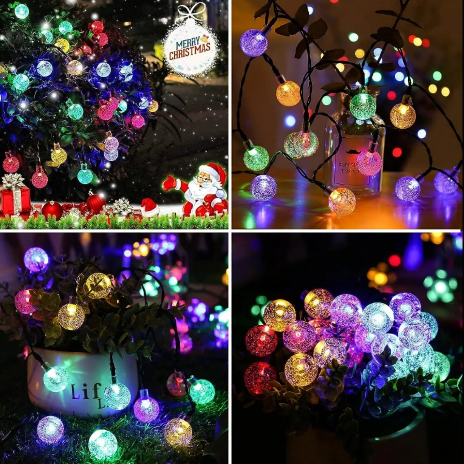 Vier Felder zeigen bunte Lichterketten mit Kugeln, die einen Busch, eine Flasche und Pflanzen dekorieren.