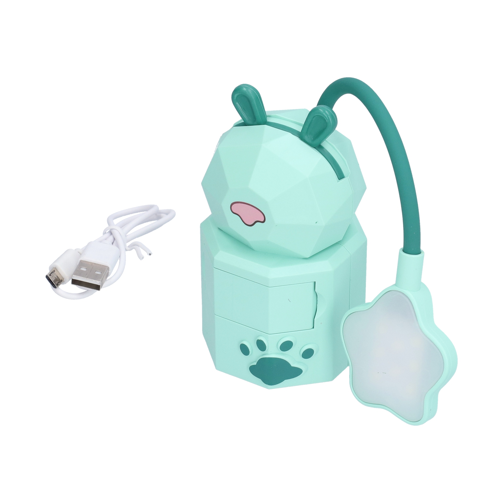 Grüne Lampe mit Tierform, Sternenlicht und weißem USB-Kabel auf weißem Grund.