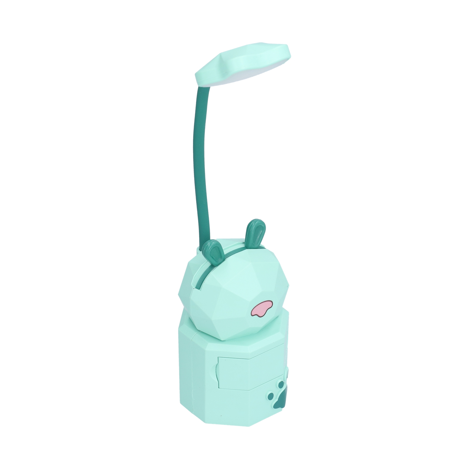 Eine grüne Schreibtischlampe im Hasen-Design mit flexiblem Hals auf weißem Hintergrund.