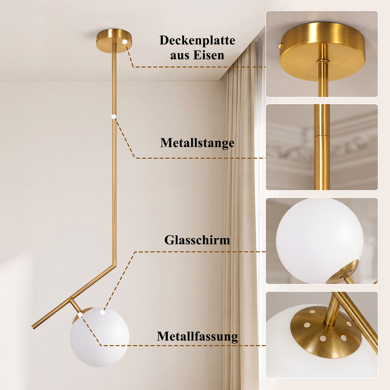 Goldene Hängeleuchte mit weißem Glasschirm, Detailansichten zeigen Deckenplatte, Stange, Schirm und Fassung.
