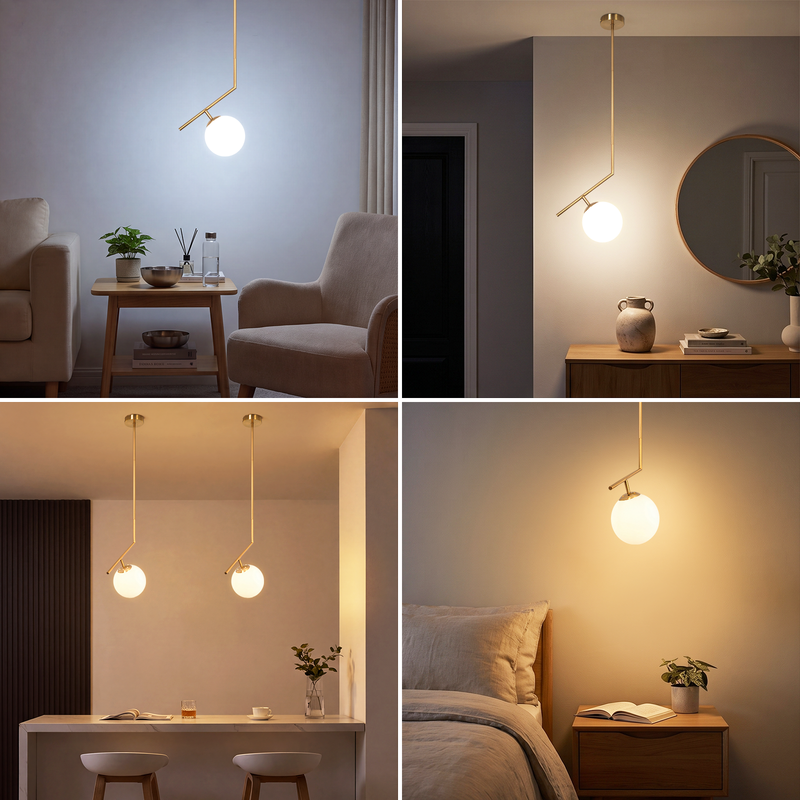 Moderne Hängelampe mit weißer Glaskugel in vier verschiedenen Zimmern.