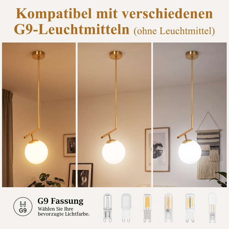 Drei Ansichten einer goldenen Pendelleuchte mit weißer Glaskugel und warmen, neutralen sowie kühlen G9-Leuchtmitteln.