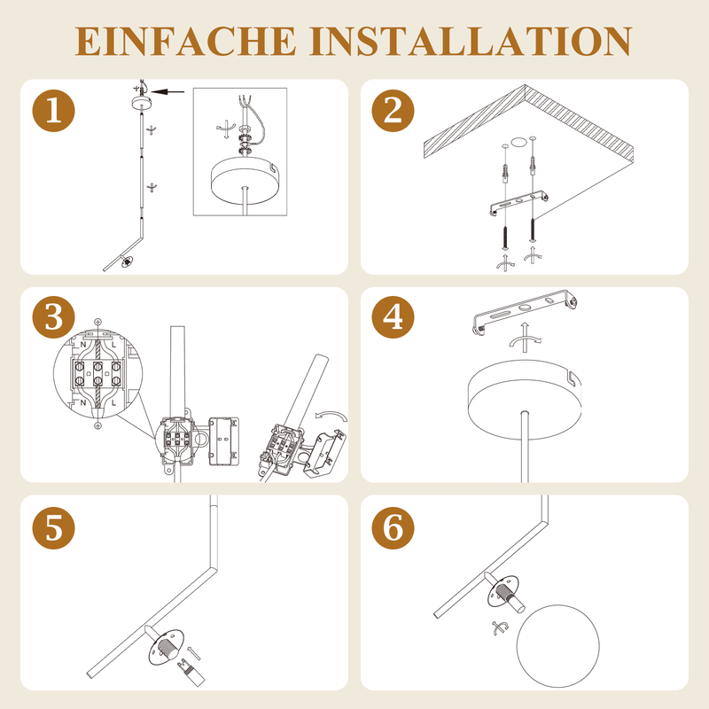 Sechs Schritte zur Installation einer Wandlampe, illustriert in Strichzeichnungen.