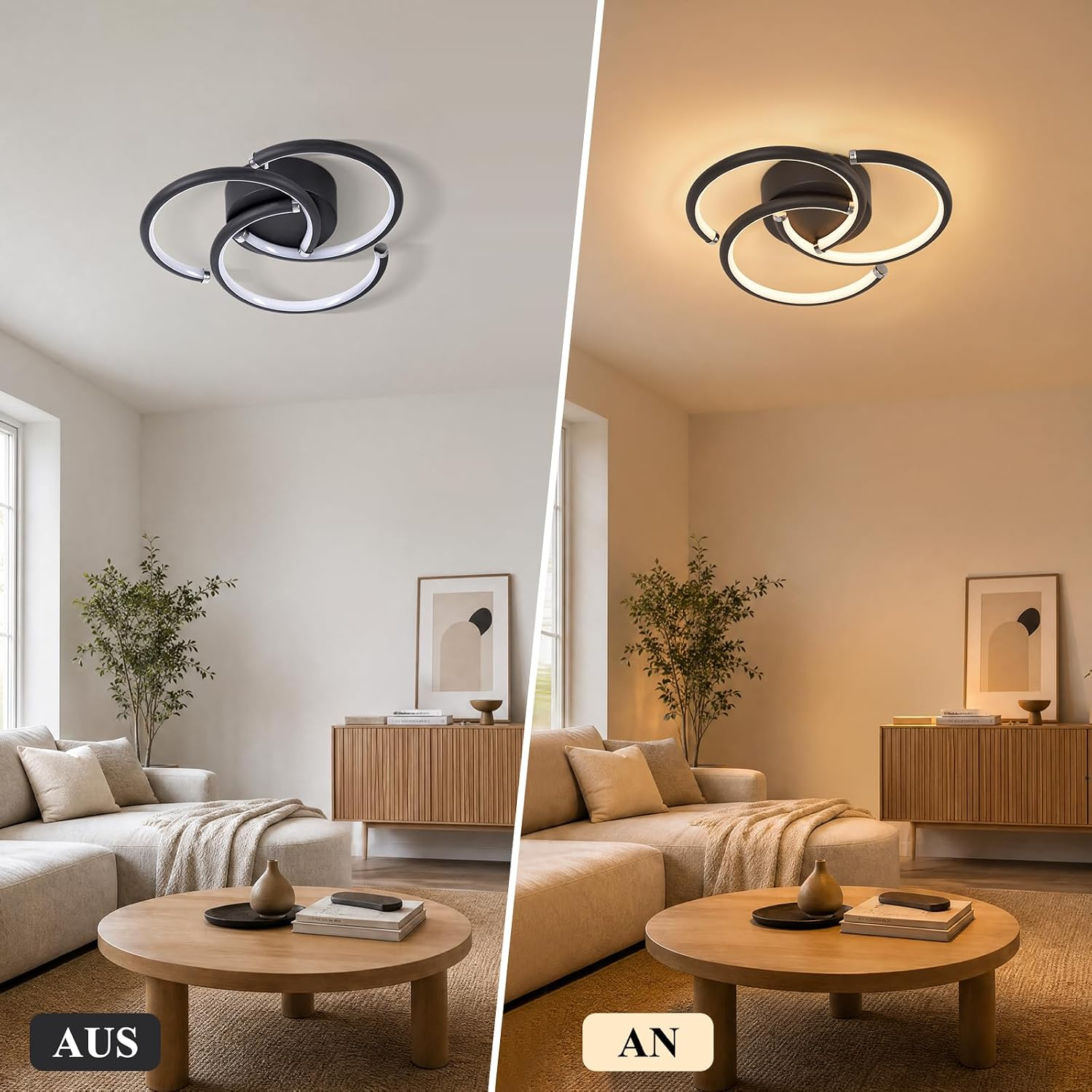 Moderne Deckenleuchte in einem Wohnzimmer, links ausgeschaltet und rechts eingeschaltet.