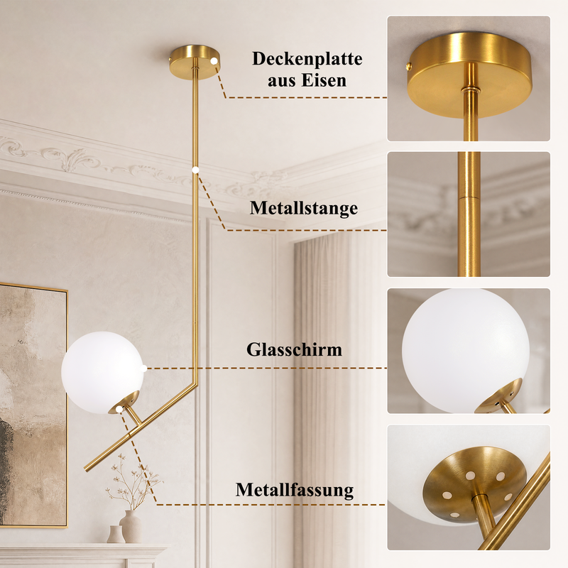 Goldene Pendelleuchte mit weißer Glaskugel, Metallstange und Eisen-Deckenplatte im Detail gezeigt.