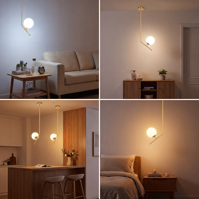 Moderne Deckenleuchte mit goldener Stange und weißer Glaskugel in verschiedenen Räumen.