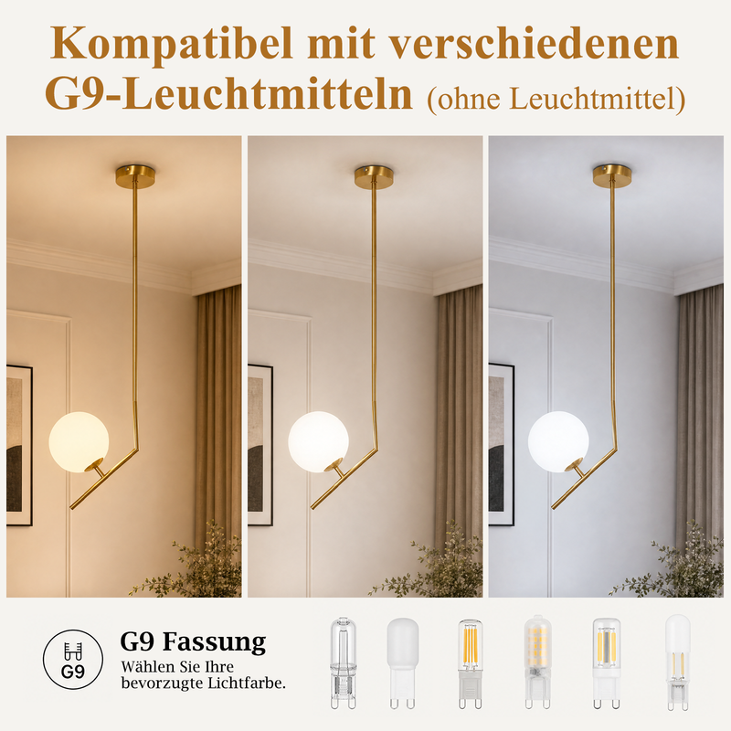 Goldfarbene Pendelleuchte mit G9-Fassung zeigt drei verschiedene Lichtfarben und kompatible Leuchtmittel.