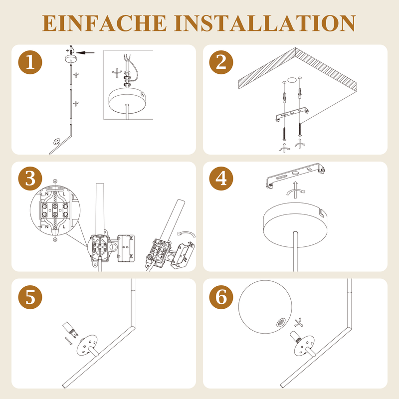 Sechsteilige Installationsanleitung für eine Hängeleuchte mit Nummerierung von 1 bis 6.