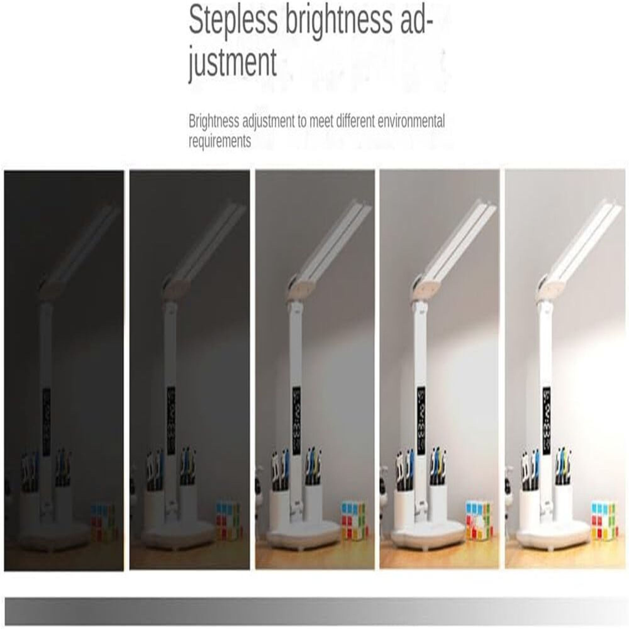 Fünf Bilder einer weißen Schreibtischlampe zeigen verschiedene Helligkeitsstufen.