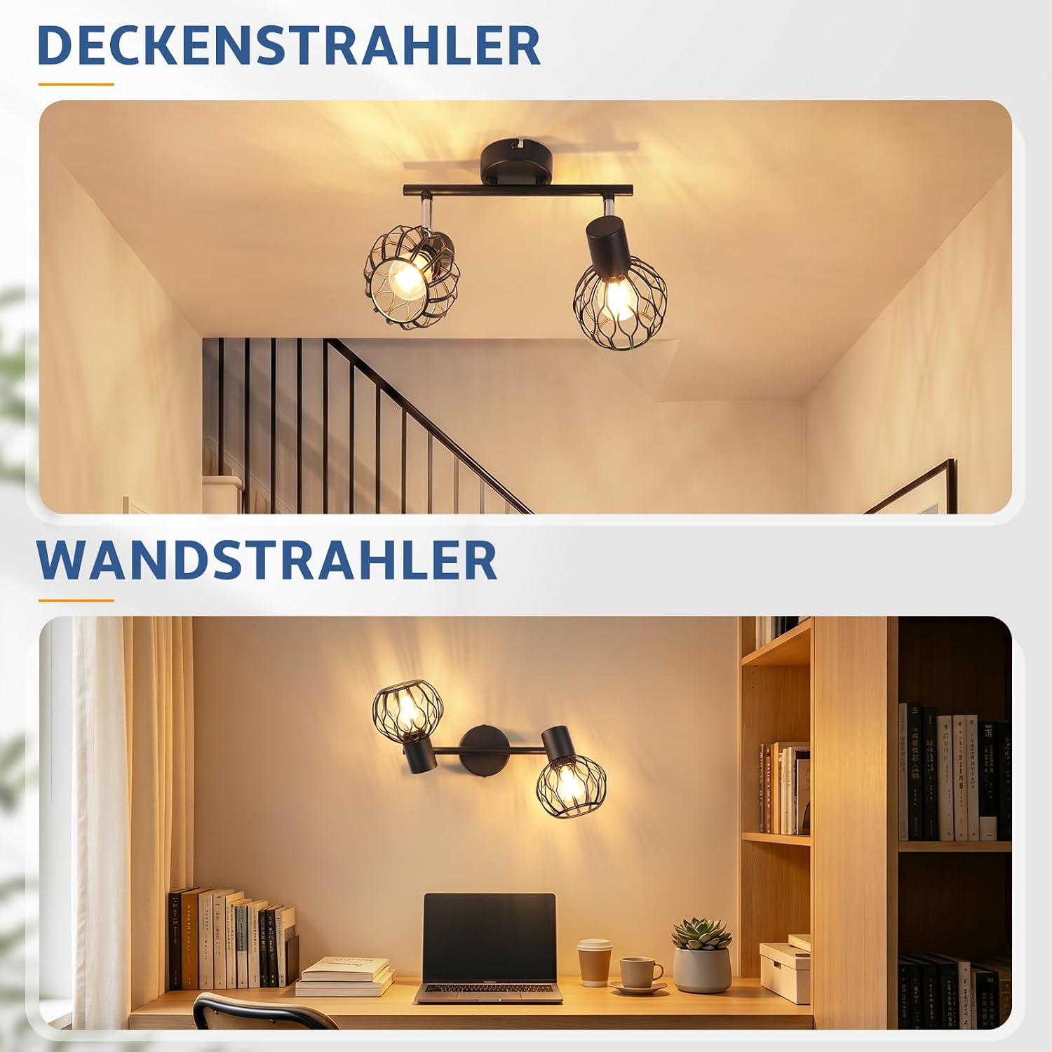 Zwei schwarze Metall-Drahtstrahler, einmal an der Decke und einmal an einer Wand über einem Schreibtisch montiert.