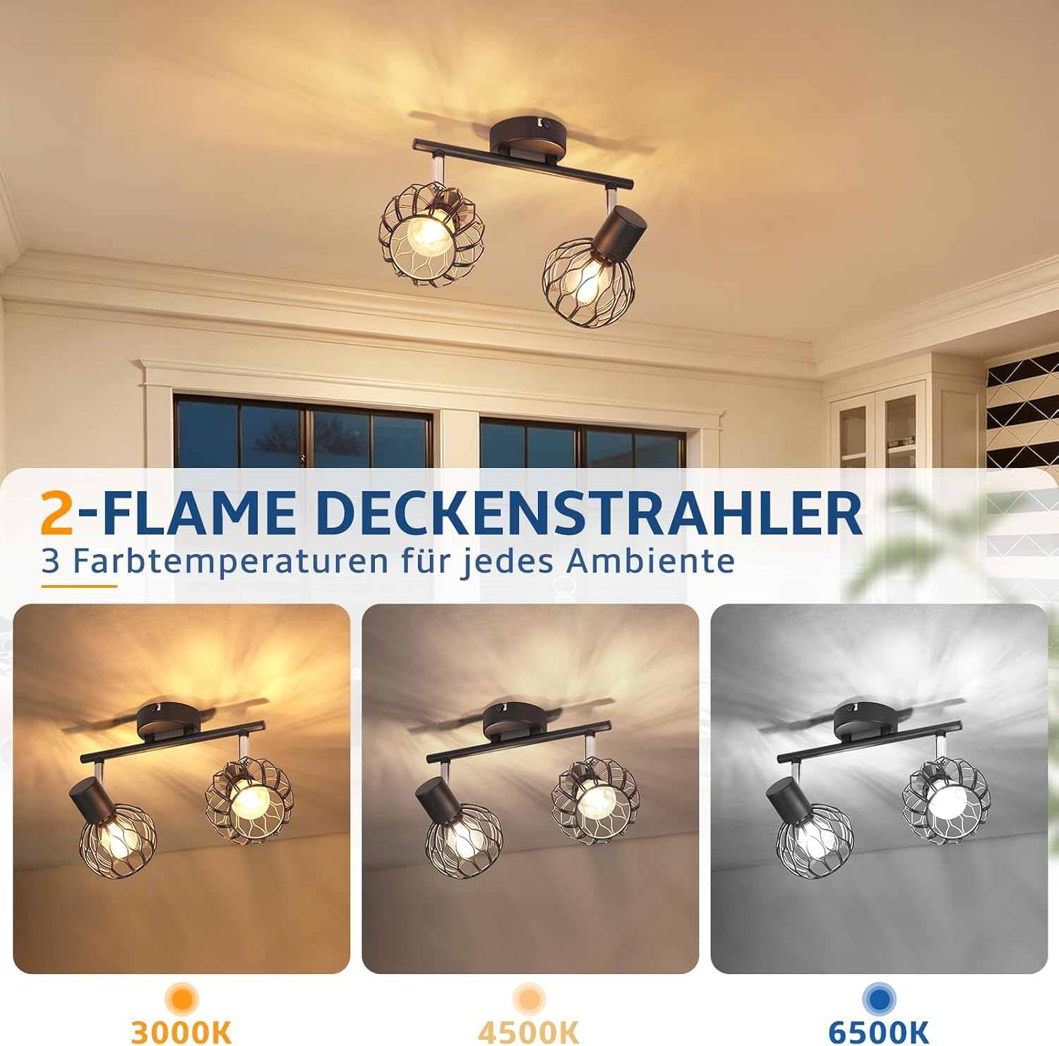 Zweiflammiger Deckenstrahler mit Gitterkugeln zeigt drei Farbtemperaturen von warm- bis tageslichtweiß.