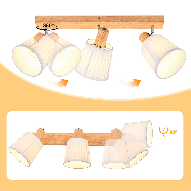 Holz-Deckenleuchte mit vier verstellbaren weißen Textilschirmen und Rotationssymbolen.