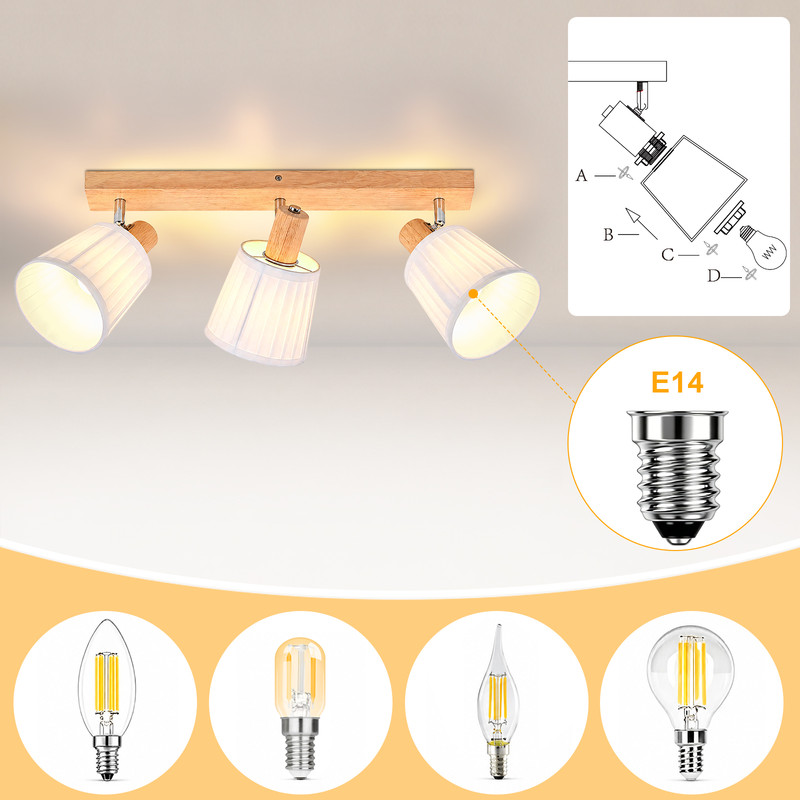 Holzdeckenschiene mit drei weißen Lampenschirmen, E14-Fassung und verschiedenen LED-Leuchtmitteln.