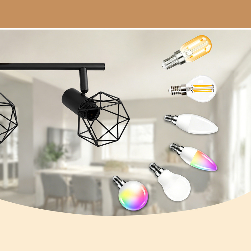 Schwarze Deckenlampe mit Drahtgitter und sechs verschiedenen Glühbirnen vor einem verschwommenen Raum.