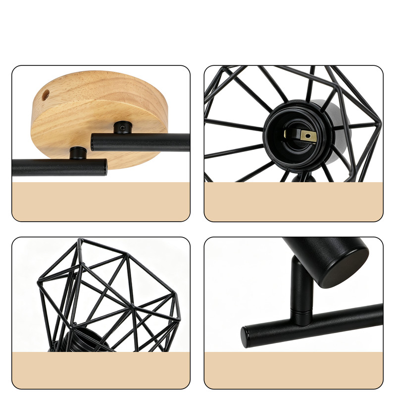 Vier Detailaufnahmen einer schwarzen Deckenleuchte mit Holzelementen und geometrischen Metallschchirmen.