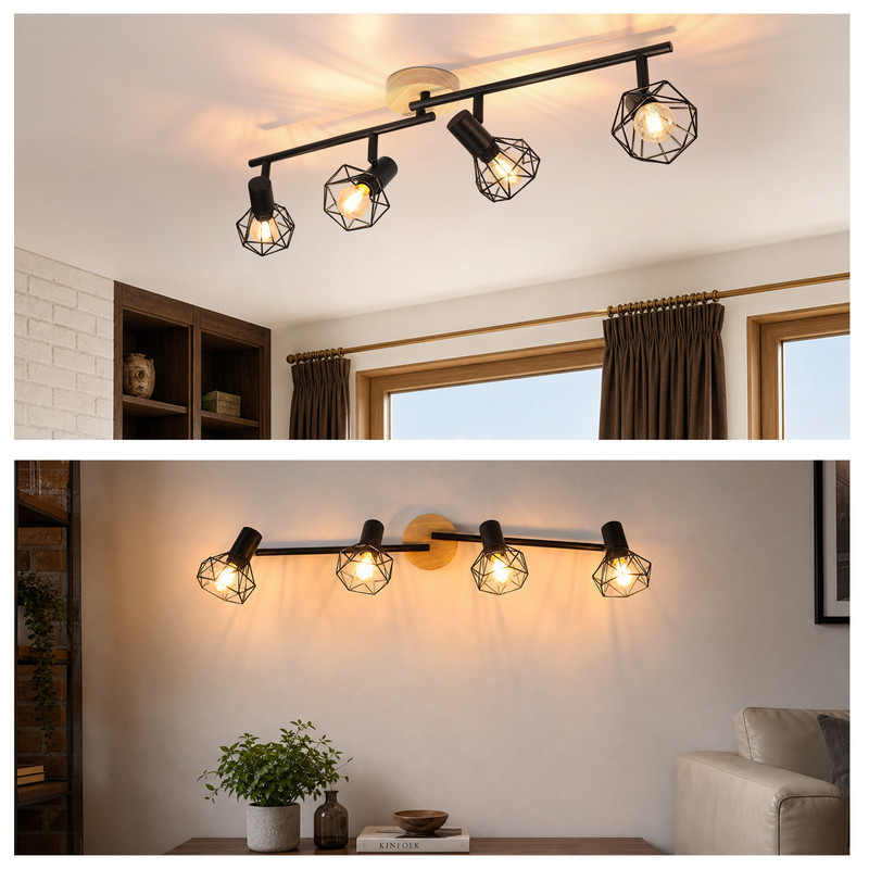Eine schwarze Vier-Flammen-Leuchte mit geometrischen Drahtkäfigen an Decke und Wand.