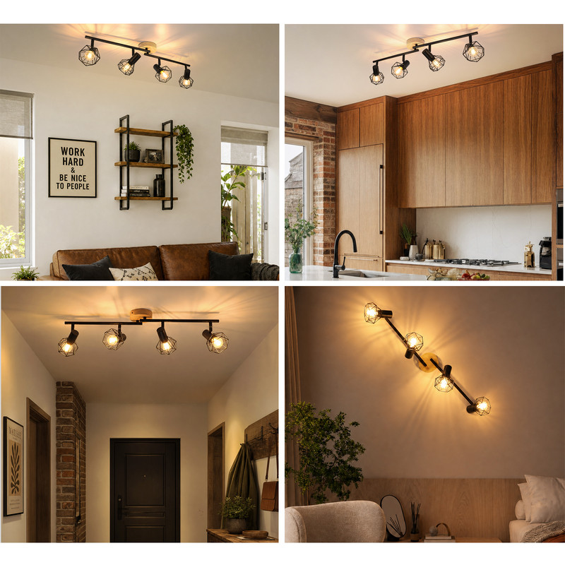 Vierflammige Deckenleuchte mit Holz und Metallgitter-Spots in verschiedenen Wohnräumen.