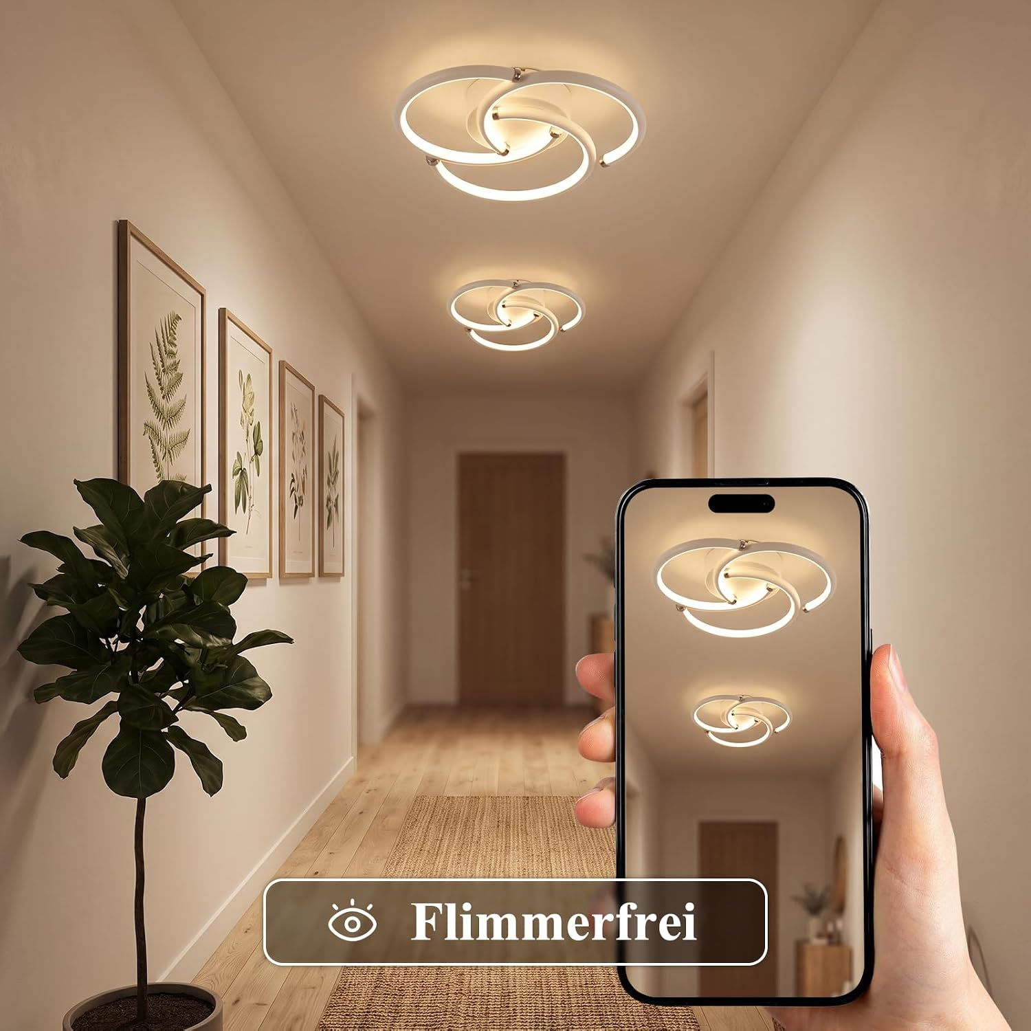 Hand hält ein Smartphone, das einen beleuchteten Flur mit modernen LED-Deckenleuchten zeigt.