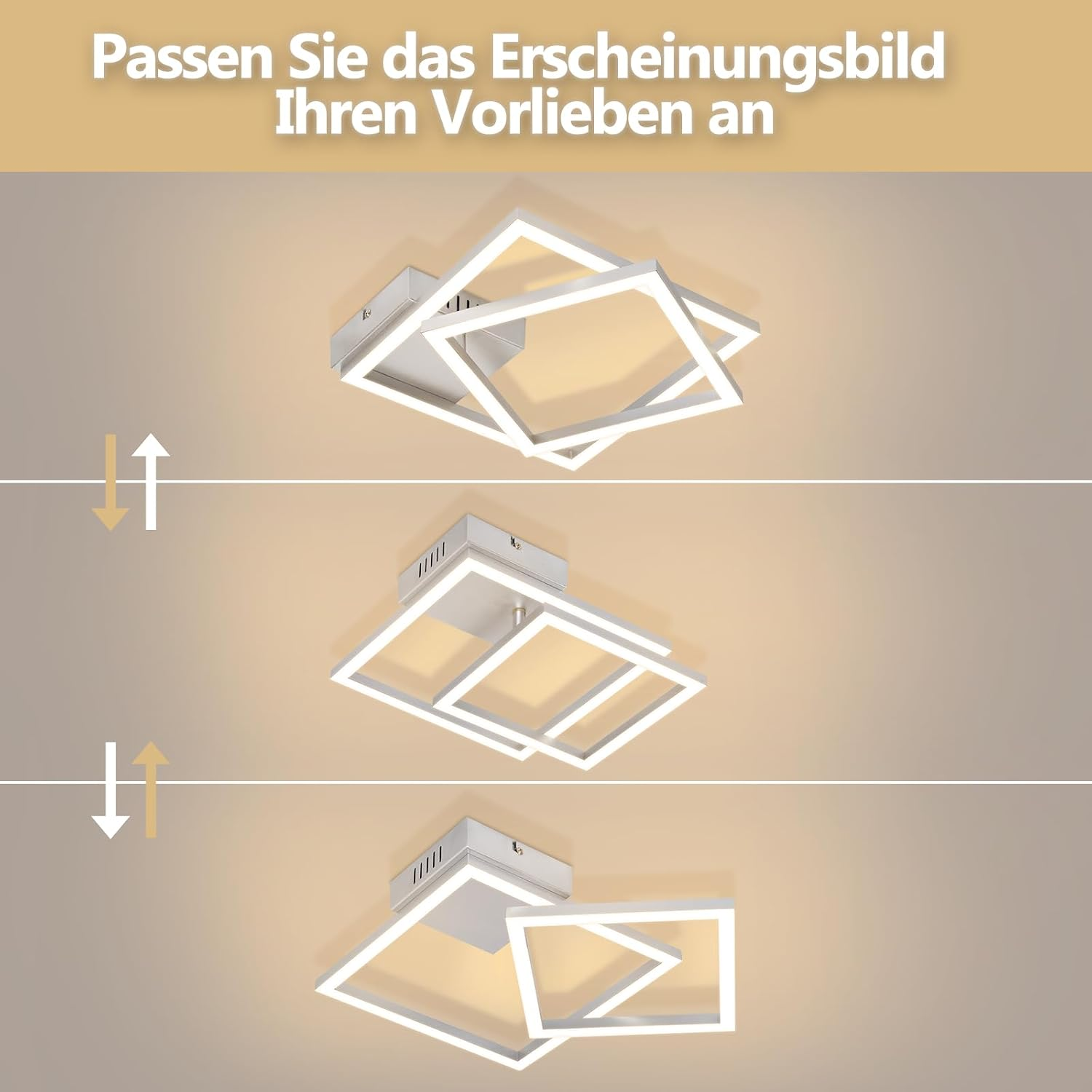 Drei quadratische, weiße LED-Deckenleuchten mit drehbaren Elementen.