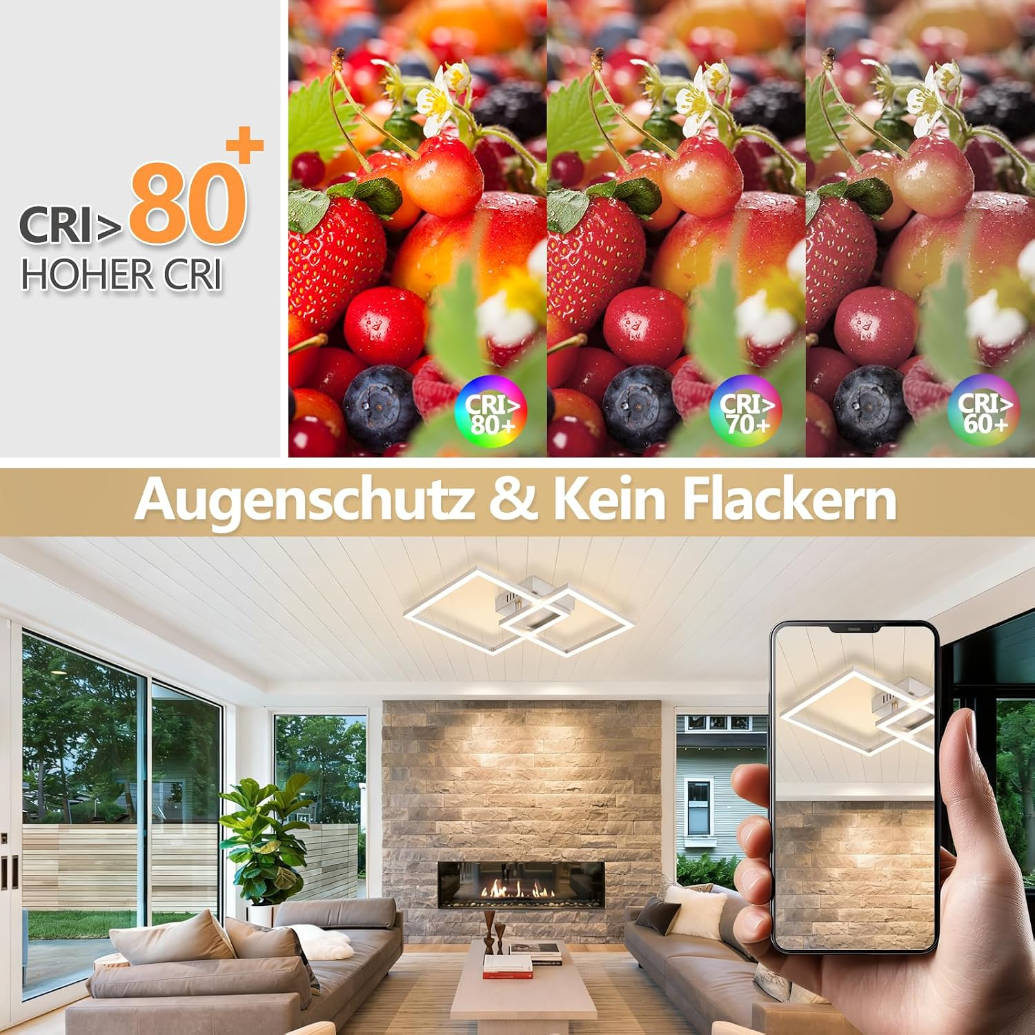 Vergleich von Fruchtfarben bei CRI 80+, 70+ und 60+, sowie ein modernes Wohnzimmer mit LED-Deckenleuchte.