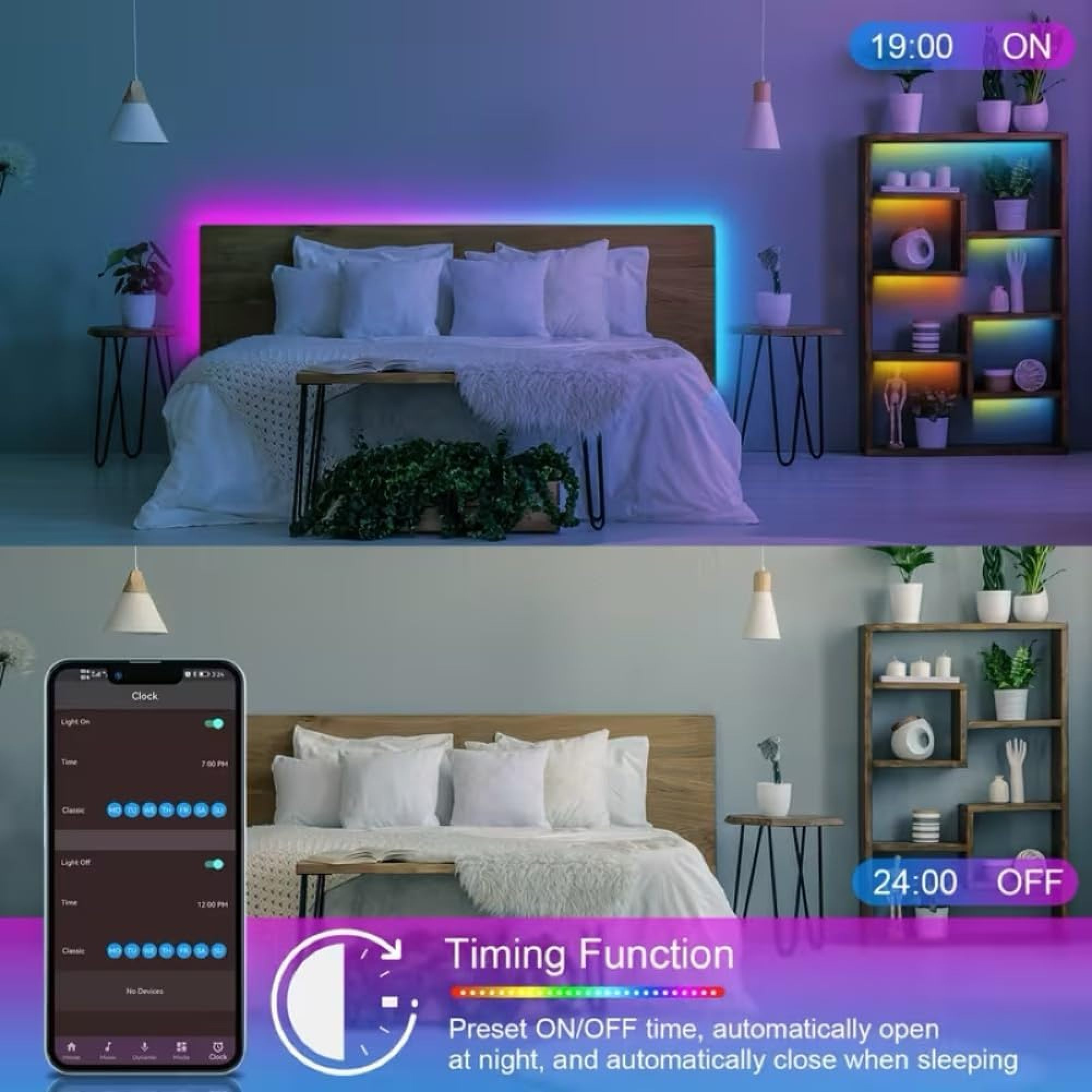 Vergleich zweier Szenen mit LED-Streifen im Schlafzimmer und Steuerung per Smartphone-App.