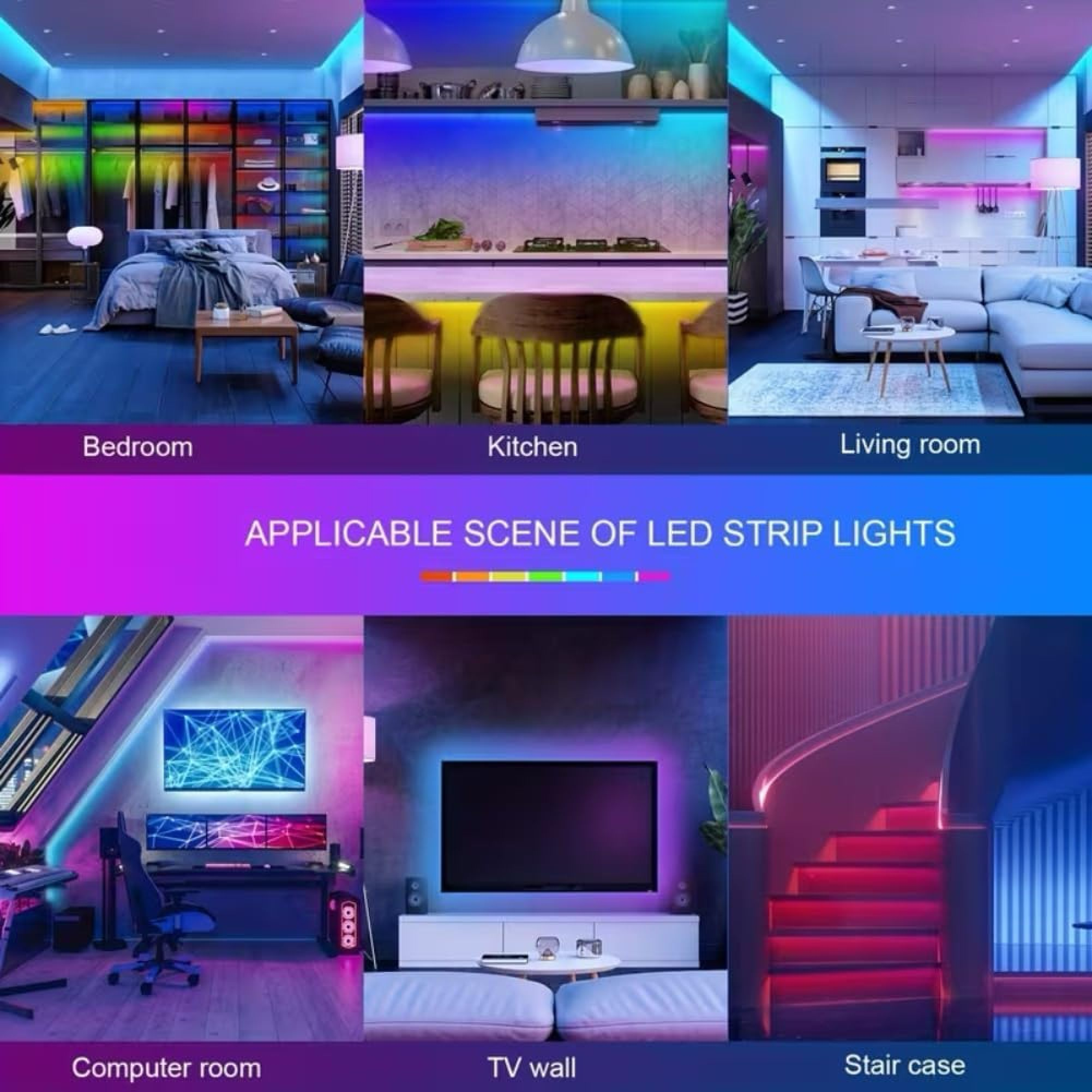 Sechs Bilder zeigen LED-Streifen in Schlafzimmer, Küche, Wohnzimmer, PC-Zimmer, TV-Wand und Treppe.