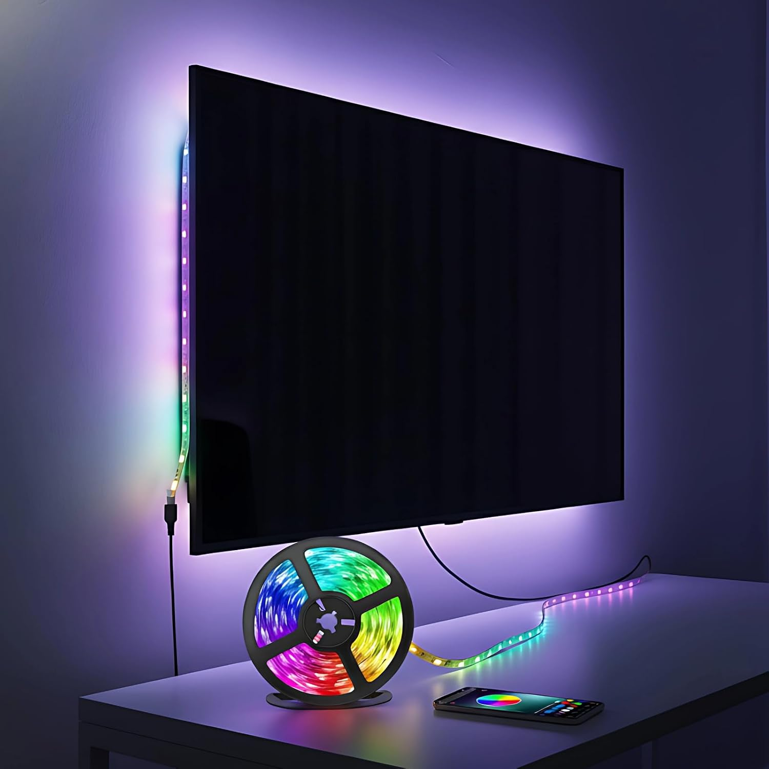 Ein Fernseher mit bunten LED-Lichtstreifen an der Wand, auf dem Tisch liegen eine Spule und ein Smartphone.