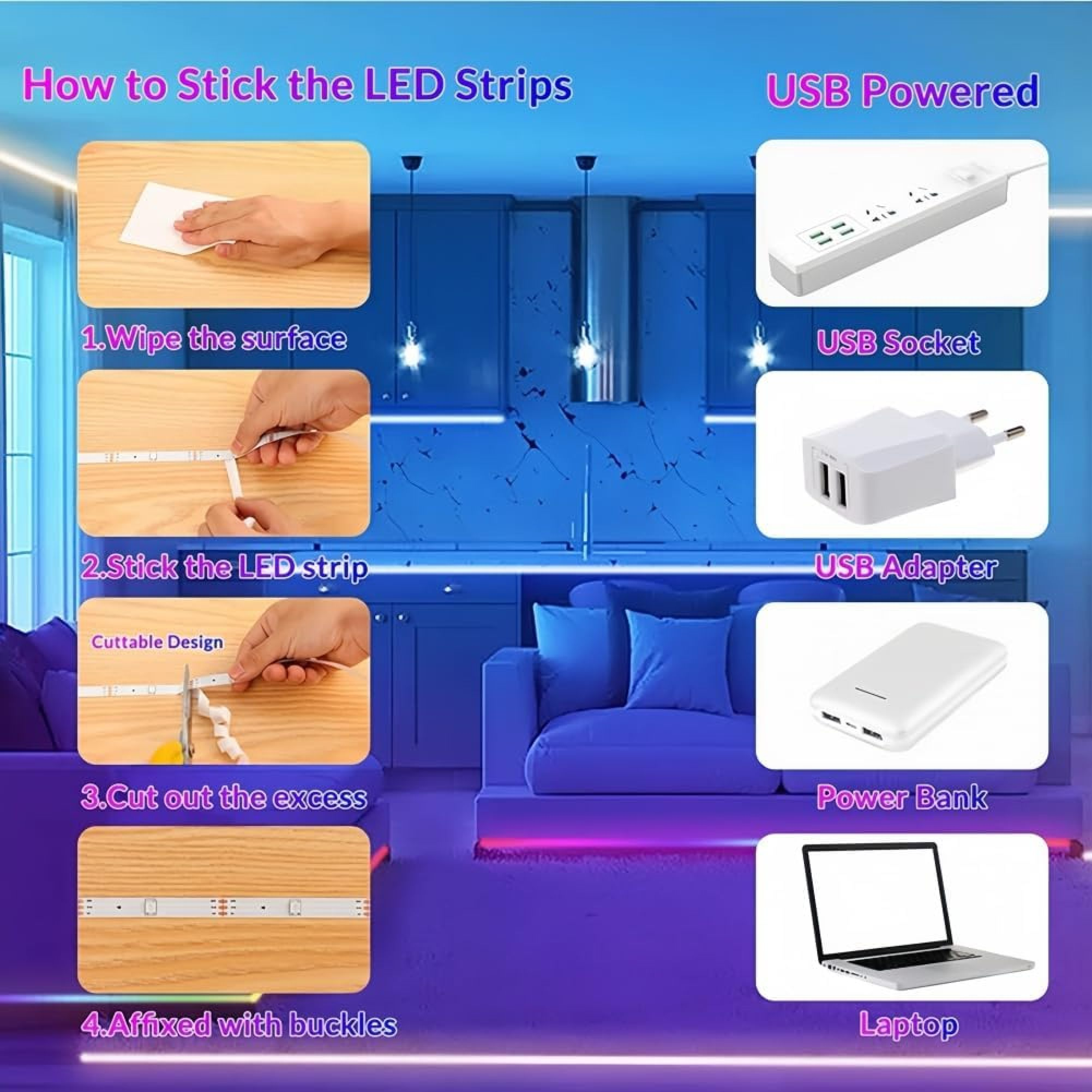 Anleitung zur Installation von LED-Leisten mit Schritten und kompatiblen USB-Stromquellen.