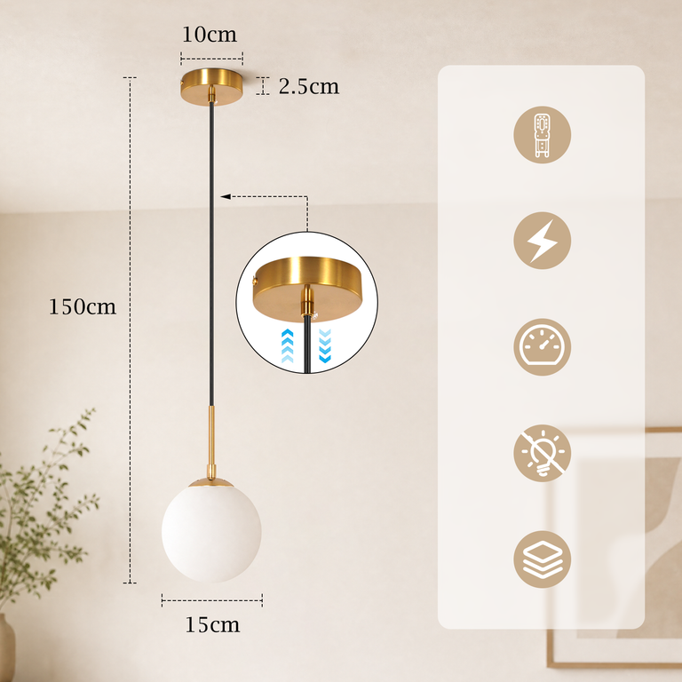 Technische Zeichnung einer goldenen Pendellampe mit Maßen und fünf Icons auf beigem Hintergrund.