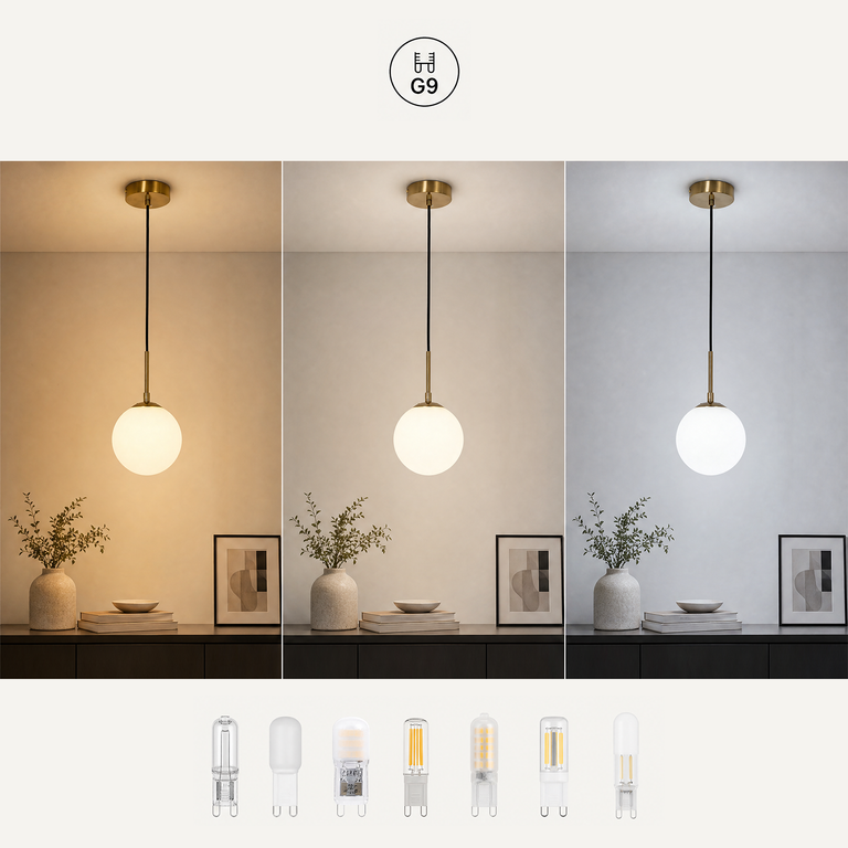 Eine Pendelleuchte mit warmen, neutralen und kühlen Lichteinstellungen über einer Konsole.