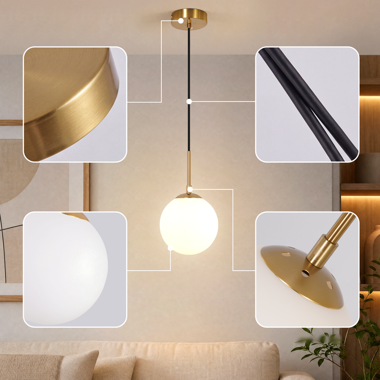 Goldene Hängeleuchte mit weißer Glaskugel über einem Sofa, mit vier Detailinsets.