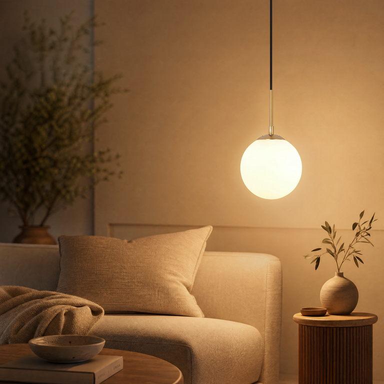 Eine runde Pendelleuchte erhellt ein gemütliches Wohnzimmer mit Sofa und Pflanzen.