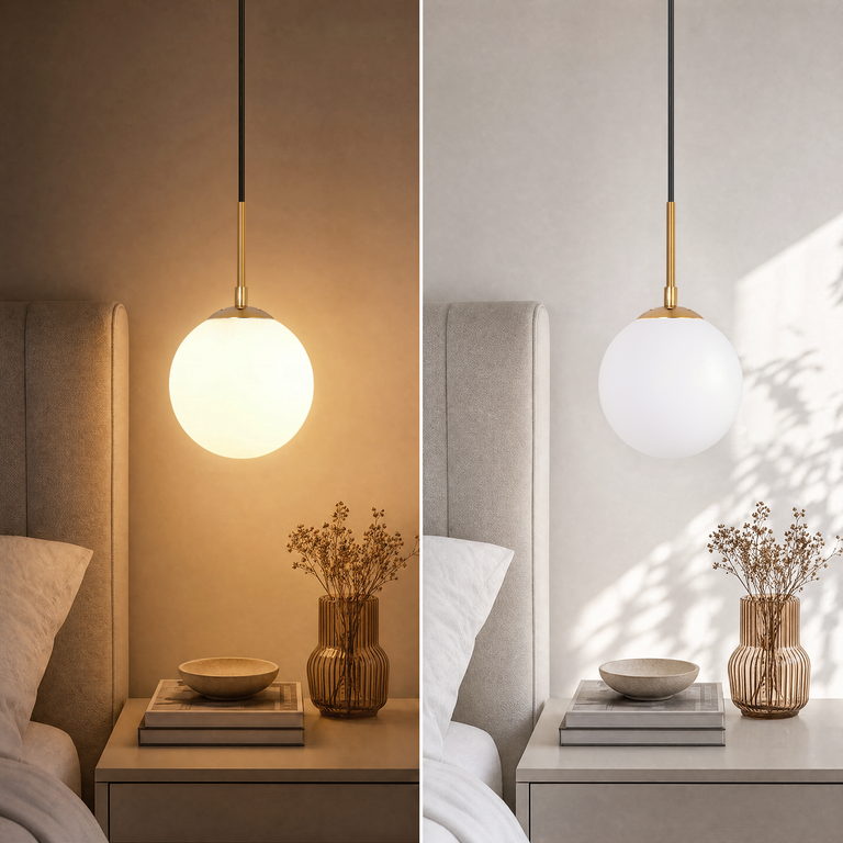 Eine hängende kugelförmige Lampe über einem Nachttisch mit Vasen und Büchern, gezeigt in warmem und kühlem Licht.