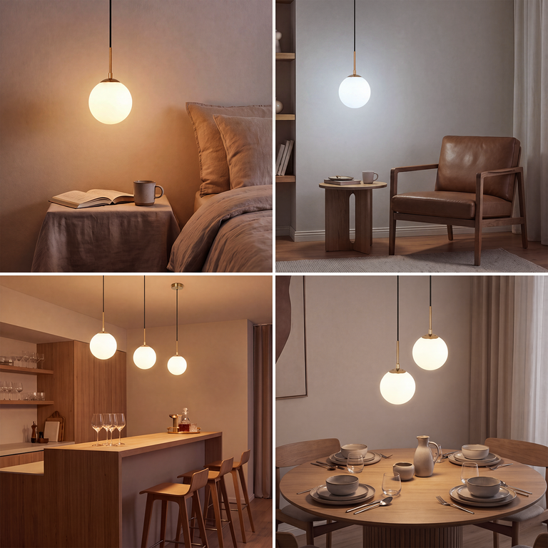 Vier Bilder zeigen eine moderne Hängekugel-Lampe in verschiedenen Zimmern wie Schlafzimmer, Wohnzimmer, Küche und Esszimmer.