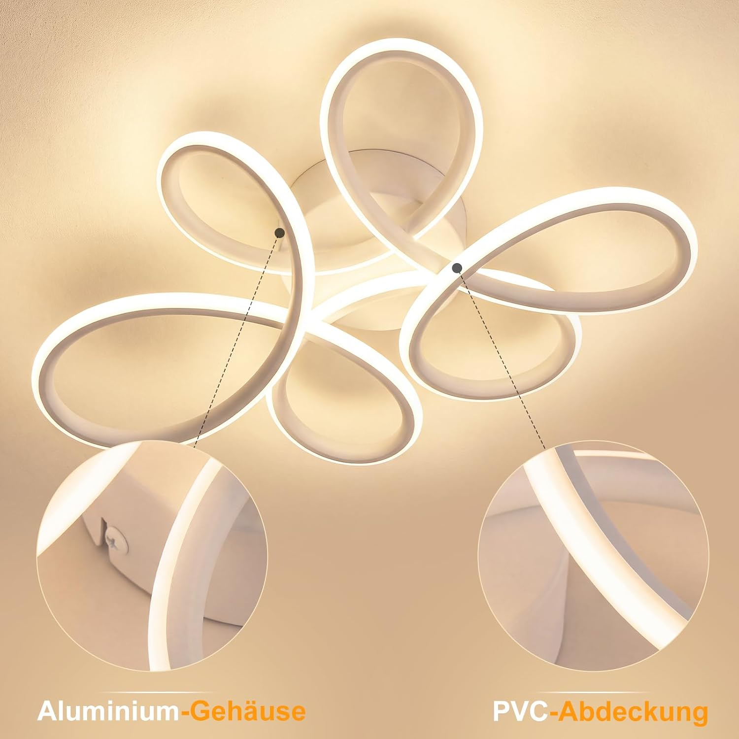 Moderne weiße LED-Deckenleuchte mit geschwungenen Ringen, Aluminiumgehäuse und PVC-Abdeckung.
