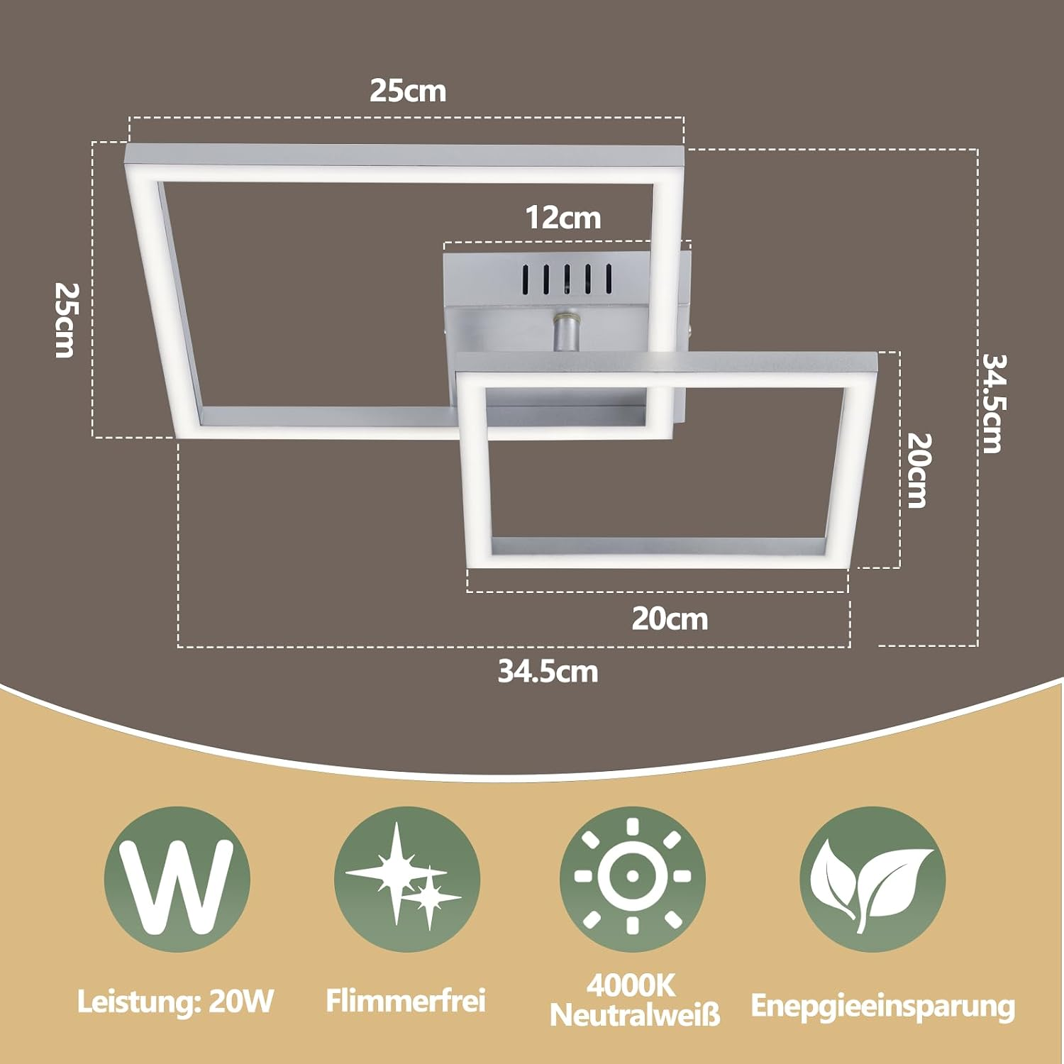Technische Zeichnung einer quadratischen LED-Deckenleuchte mit Maßen von 25x25cm und Symbolen unten.