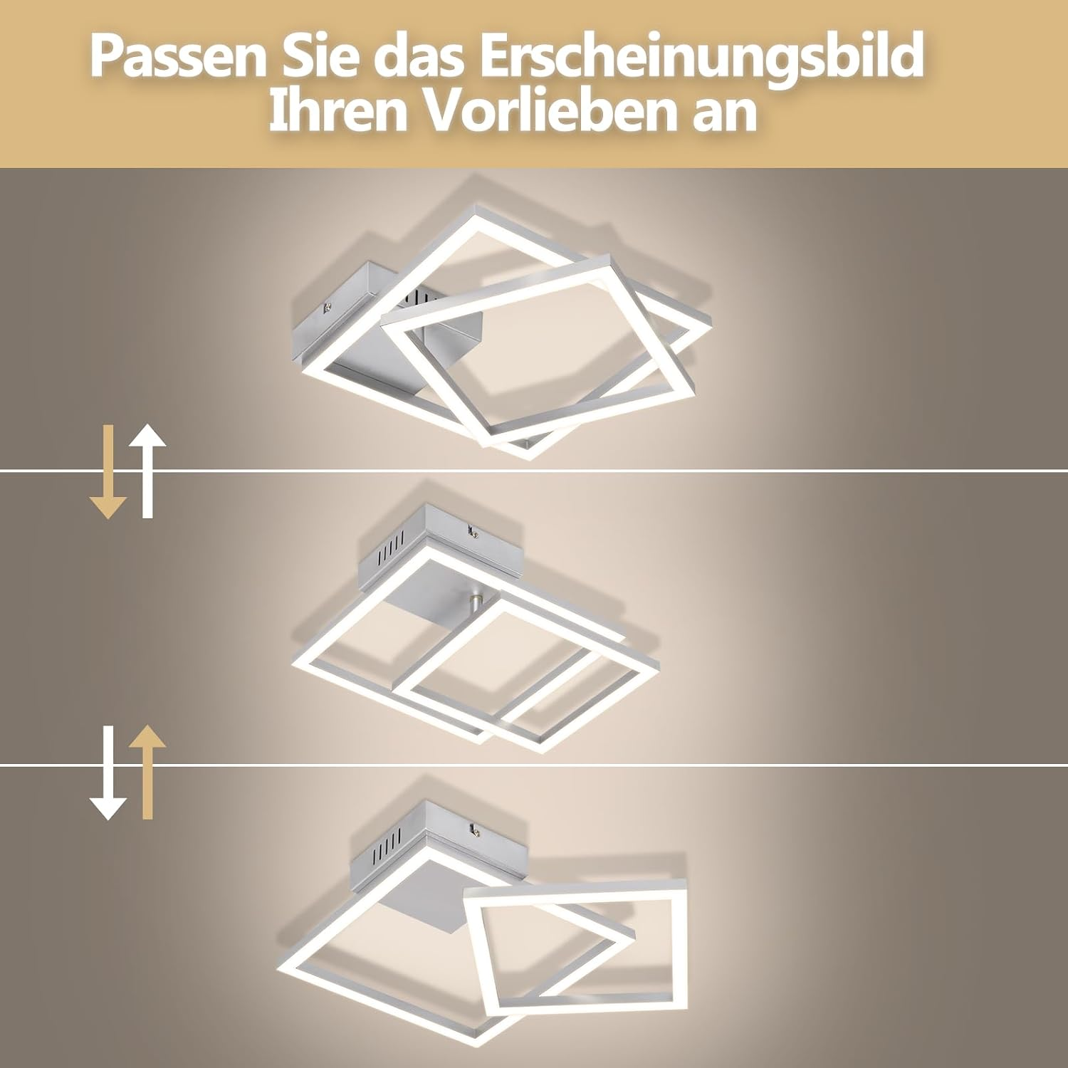 Drei verschiedene Konfigurationen einer modernen, verstellbaren LED-Deckenlampe auf braunem Hintergrund.