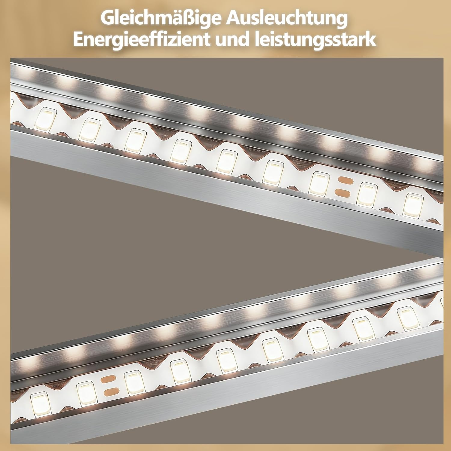 Zwei gewinkelte LED-Lichtleisten vor dunklem Hintergrund, oben deutscher Werbetext.