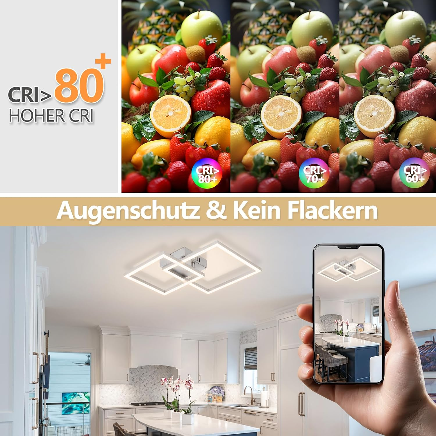 Vergleich von Früchten unter verschiedenen CRI-Werten und eine quadratische Deckenlampe in einer Küche.