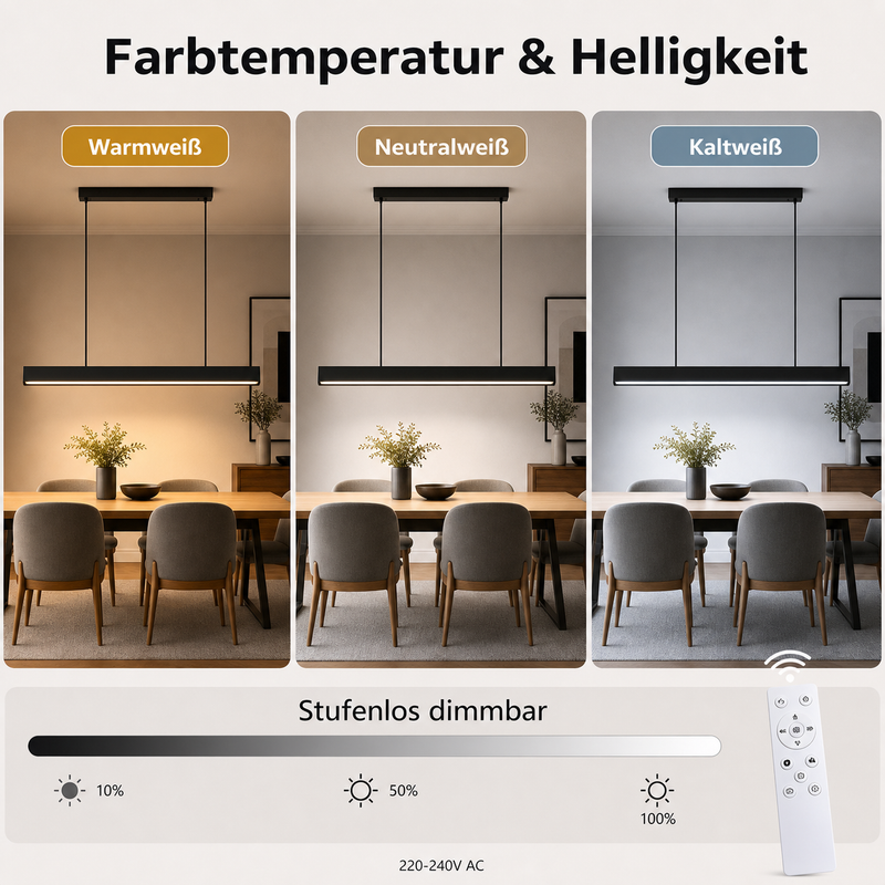 Vergleich dreier Farbtemperaturen einer schwarzen Hängeleuchte über einem Holztisch mit Stühlen und Fernbedienung.