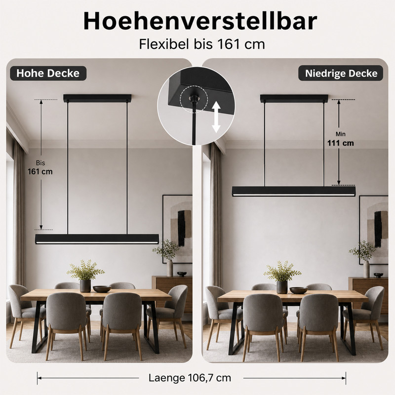 Diagramm zeigt die höhenverstellbare schwarze Pendelleuchte über einem Esstisch für hohe und niedrige Decken.