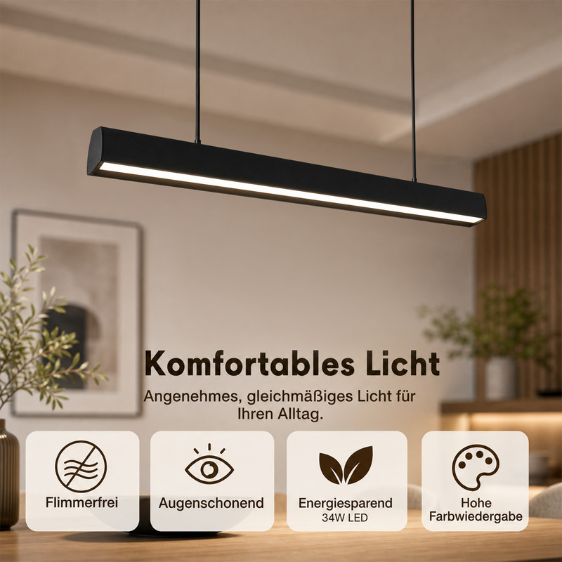 Schwarze LED-Pendelleuchte über einem Holztisch mit vier Symbolen für Produktvorteile.