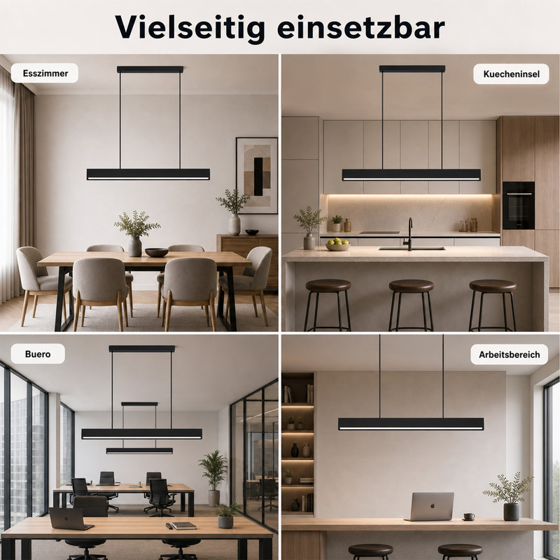Vier Bilder zeigen dieselbe schwarze Pendelleuchte in Esszimmer, Küche, Büro und Arbeitsbereich.