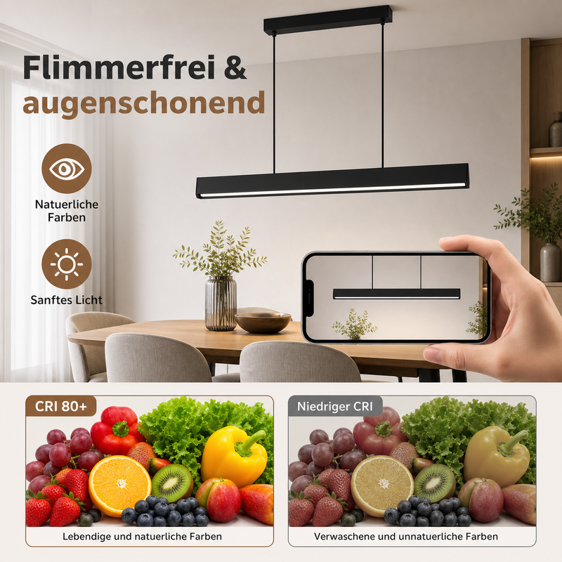 Eine schwarze Pendelleuchte über einem Esstisch, mit Smartphone-Farbvergleich von Lebensmitteln.