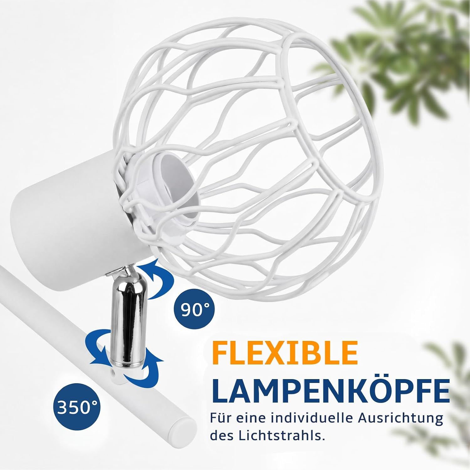 Weißer Metalldraht-Käfigstrahler mit verstellbaren Dreh- und Schwenkwinkeln vor hellem Hintergrund.